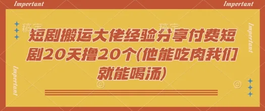 短剧搬运大佬经验分享付费短剧20天撸20个(他能吃肉我们就能喝汤)-续财库