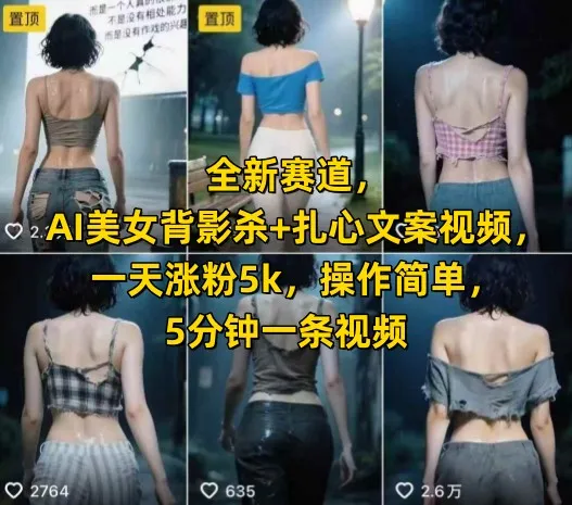 全新赛道，AI美女背影杀+扎心文案视频，一天涨粉5k，操作简单，5分钟一条视频-续财库