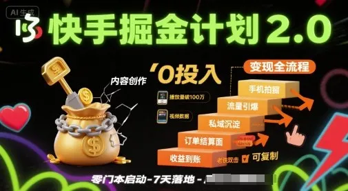 快手掘金计划2.0，快手电商变现全流程，简单可复制，0投入-续财库