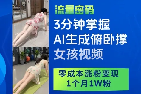 3分钟掌握AI生成俯卧撑女孩视频,零成本涨粉变现,1个月1W粉-续财库