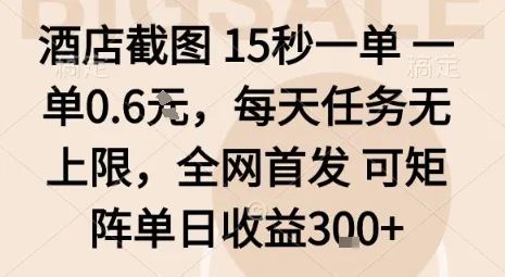 酒店截图15秒一单，一单0.6米，每天任务无上限，全网首发可矩阵单日收益3张【揭秘】-续财库