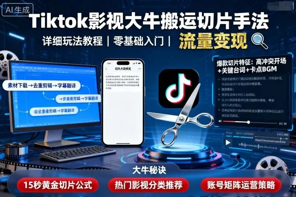 Tiktok影视大牛搬运切片手法，详细玩法教程-续财库