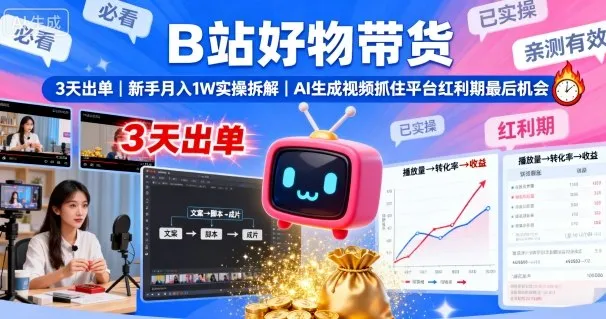 B站好物带货，3天出单，新手月入1W实操拆解，AI生成视频，抓住平台红利期最后机会-续财库