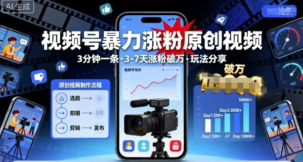 视频号暴力涨粉原创视频,3分钟一条原创视频,3-7天涨粉破万,玩法分享给你-续财库