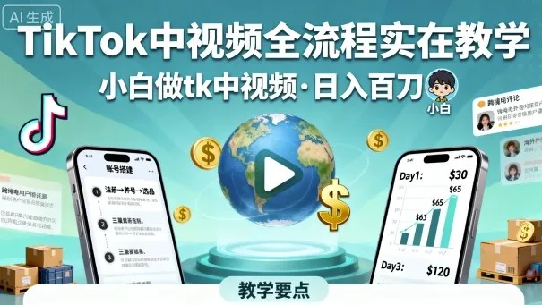 TikTok中视频全流程实操教学，小白做tk中视频，日入百刀-续财库