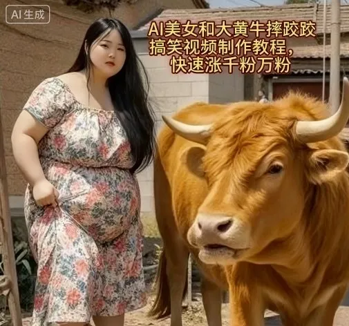 AI美女和大黄牛摔跤搞笑荒诞视频制作教程,快速涨千粉万粉-续财库