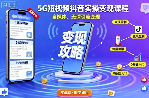 5G短视频抖音实操变现课程,自媒体,无谓引流变现-续财库