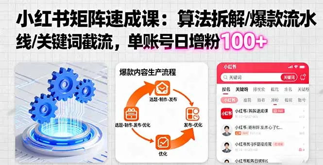 小红书矩阵起号速成课:算法拆解/爆款流水线/关键词截流 单账号日增粉100+-续财库