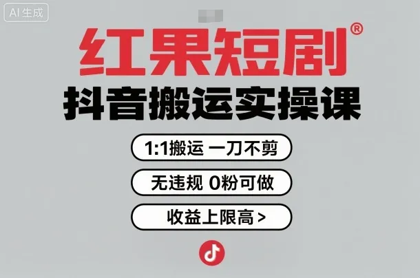 红果短剧拉新之抖音搬运实操课,1:1搬运,一刀不剪,无违规,0粉可做,收益上限高-续财库