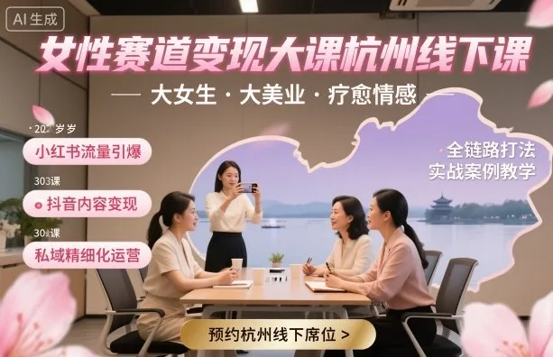 女性赛道变现大课杭州线下，大女生，大美业，疗愈情感，一套小红书、抖音、私域全链路打法-续财库