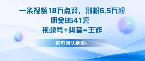 一条视频18W点赞，涨粉6.5W粉佣金8541米，视频号+抖音=王炸-续财库