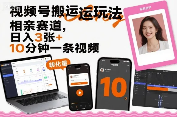 视频号搬运玩法，相亲赛道，日入3张+，10分钟一条视频-续财库