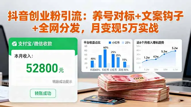 抖音创业粉引流：养号对标+文案钩子+全网分发，月变现5万实战-续财库