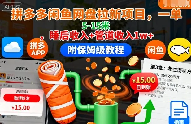 拼多多闲鱼网盘拉新项目，一单5-15米，睡后收入+管道收入1w+(附保姆级教程)-续财库
