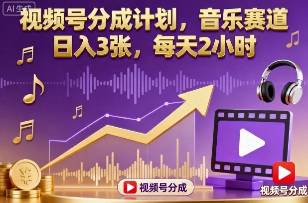 视频号分成计划，音乐赛道，日入3张，每天2小时-续财库