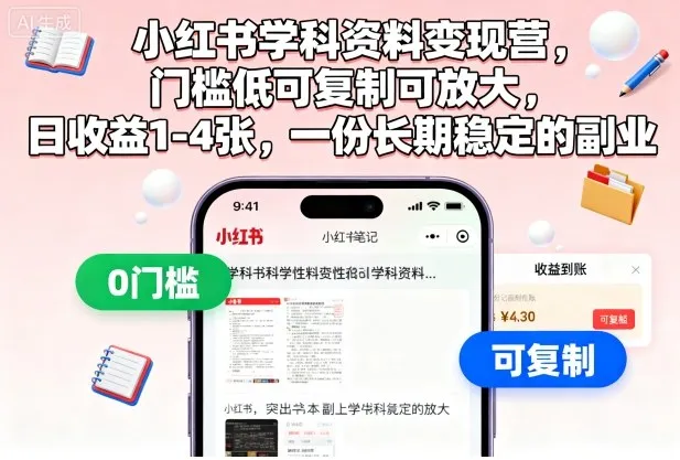 小红书学科资料变现营,门槛低可复制可放大,日收益1-4张,一份长期稳定的副业-续财库