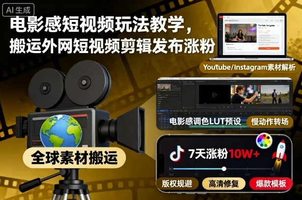 电影感短视频玩法教学，搬运外网短视频剪辑发布涨粉-续财库