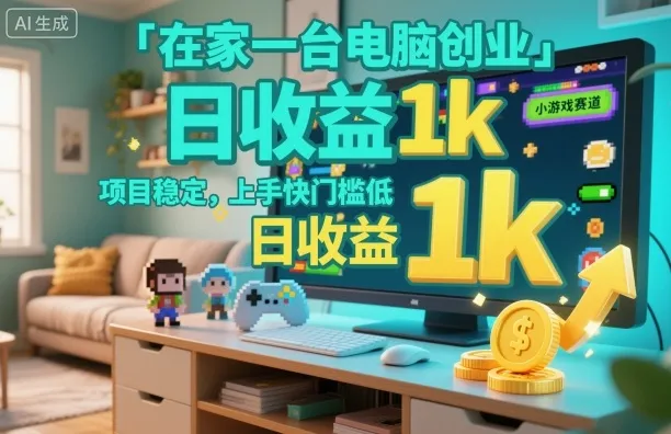 在家一台电脑创业，小游戏赛道，项目稳定，上手快门槛低，日收益1k+【揭秘】-续财库