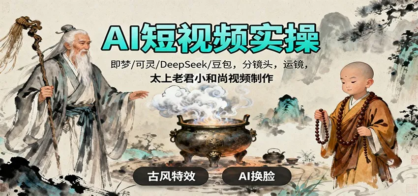 AI短视频实操，即梦/可灵/DeepSeek/豆包，分镜头，运镜，太上老君小和尚视频制作-续财库