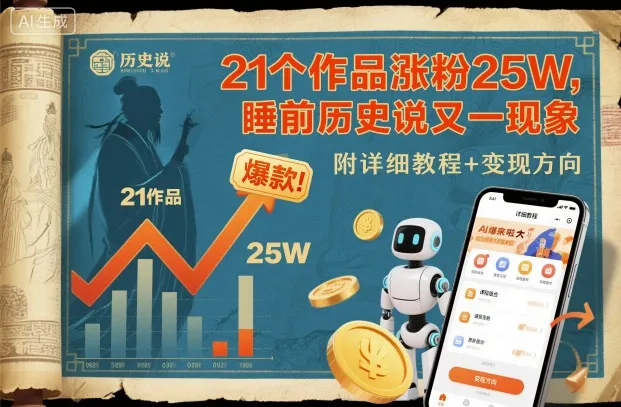 21个作品涨粉25W，睡前历史说又一现象级AI内容大爆款来啦，附详细教程+变现方向-续财库