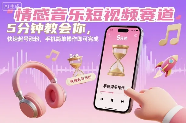 情感音乐短视频赛道，5分钟教会你，快速起号涨粉，手机简单操作即可完成-续财库