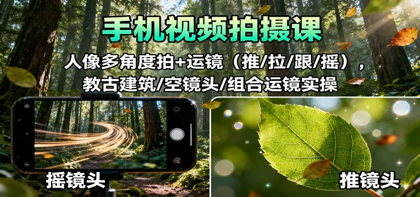 手机视频拍摄课：人像多角度拍+运镜(推/拉/跟/摇)，古建筑/空镜头/组合运镜实操-续财库
