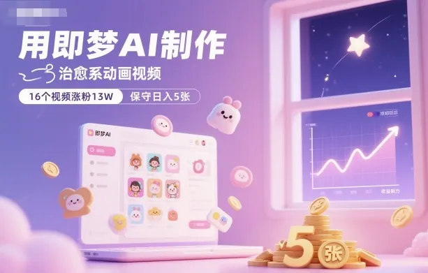 用即梦AI制作治愈系动画视频，16个视频涨粉13W，保守日入5张-续财库