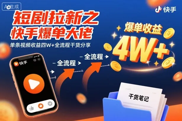 短剧拉新之快手爆单大佬单条视频收益四W+全流程干货分享-续财库