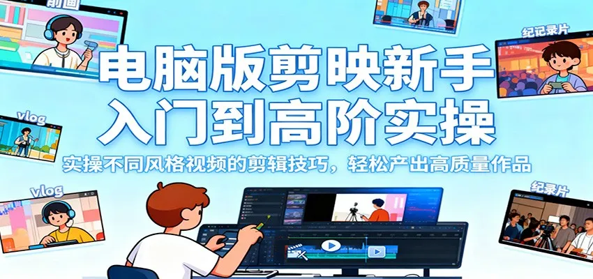 电脑版剪映新手入门到高阶实操，实操不同风格视频的剪辑技巧，轻松产出高质量作品-续财库