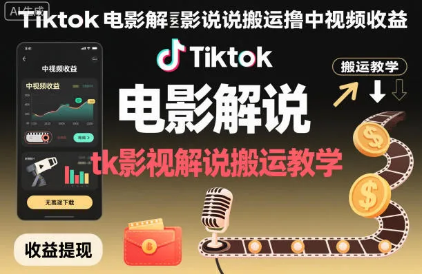 Tiktok电影解说搬运撸中视频收益,tk影视解说搬运教学-续财库