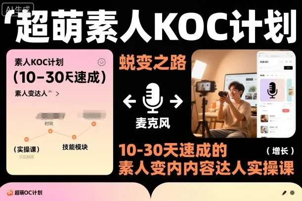 超萌素人KOC计划，10-30天速成的素人变内容达人实操课，适合想做短剧小说推文电商推广的素人入局-续财库