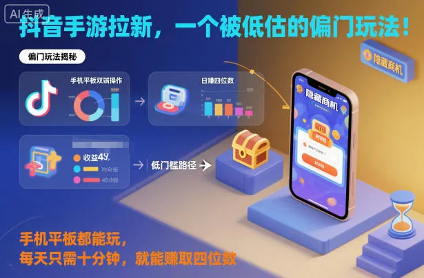 抖音手游拉新，一个被低估的偏门玩法！手机平板都能玩，每天只需十分钟，就能賺取四位数【揭秘】-续财库