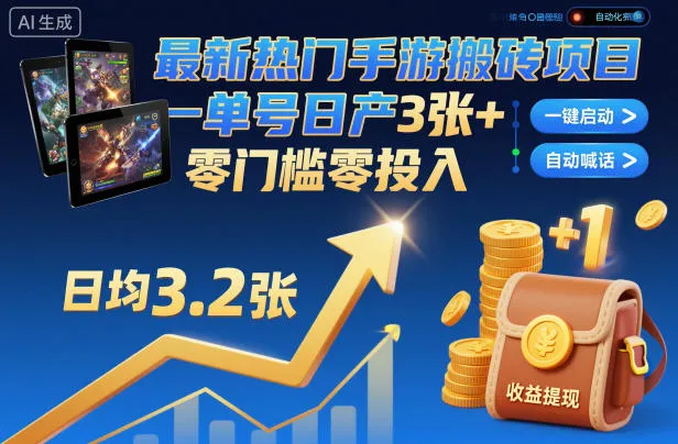 最新热门手游搬砖项目，一键自动化挂G，单号日产3张+，零门槛零投入【揭秘】-续财库
