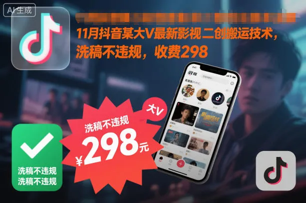 11月抖音某大V最新影视二创搬运技术，洗稿不违规，收费298-续财库
