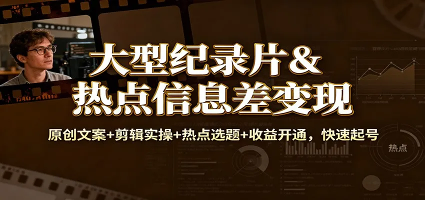 大型纪录片&热点信息差变现：原创文案+剪辑实操+热点选题+收益开通，快速起号-续财库