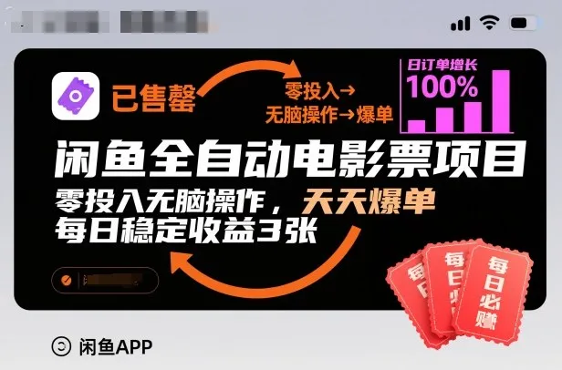 闲鱼全自动电影票项目，零投入无脑操作，天天爆单，每日稳定收益3张【揭秘】-续财库