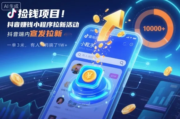 捡钱项目!抖音賺钱小程序拉新活动,抖音端内宣发拉新,一单3米,有人半个月搞了1W+-续财库