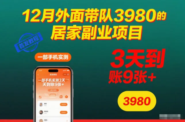 12月外面带队3980的居家副业项目,一部手机实测3天到账9张+,首发教程【揭秘】-续财库