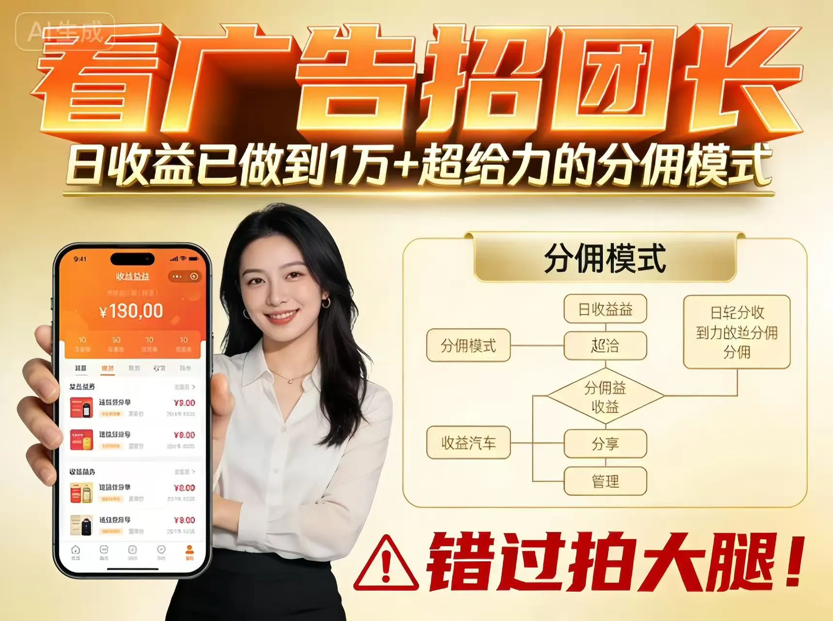 看广告招团长，团队收益已做到日入1万，分佣模式超给力，错过拍大腿-续财库