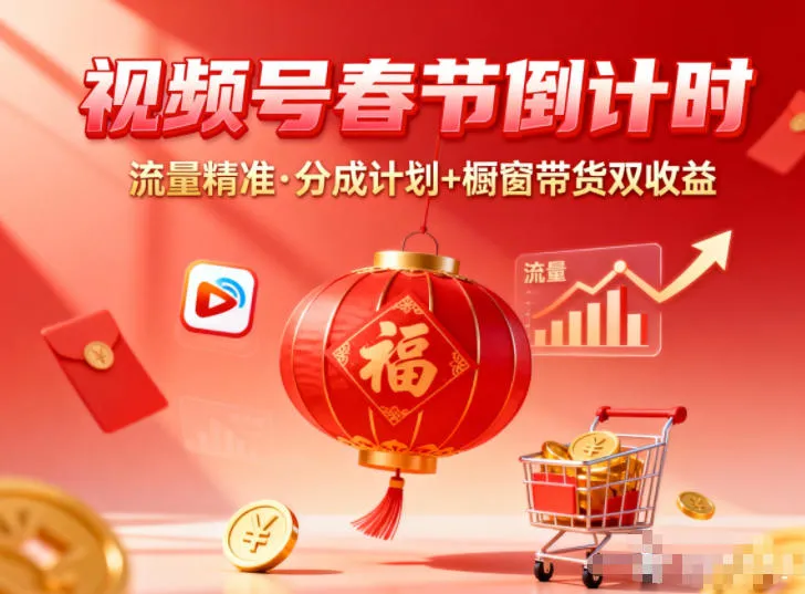 视频号做春节倒计时，流量精准，分成计划+橱窗带货双收益-续财库