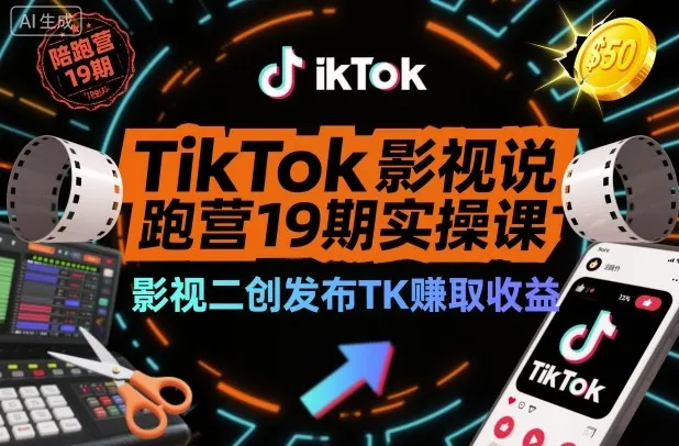 TikTok影视解说陪跑营19期实操课，影视二创发布TK賺取收益，万播收益50美金(更新)-续财库