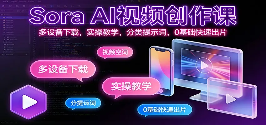 Sora AI视频创作课：多设备下载，实操教学，分类提示词，0基础快速出片-续财库