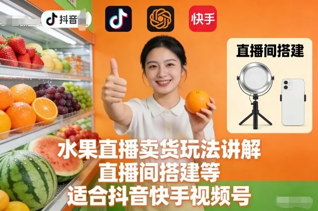 水果直播卖货玩法讲解、直播间搭建等，适合抖音快手视频号-续财库