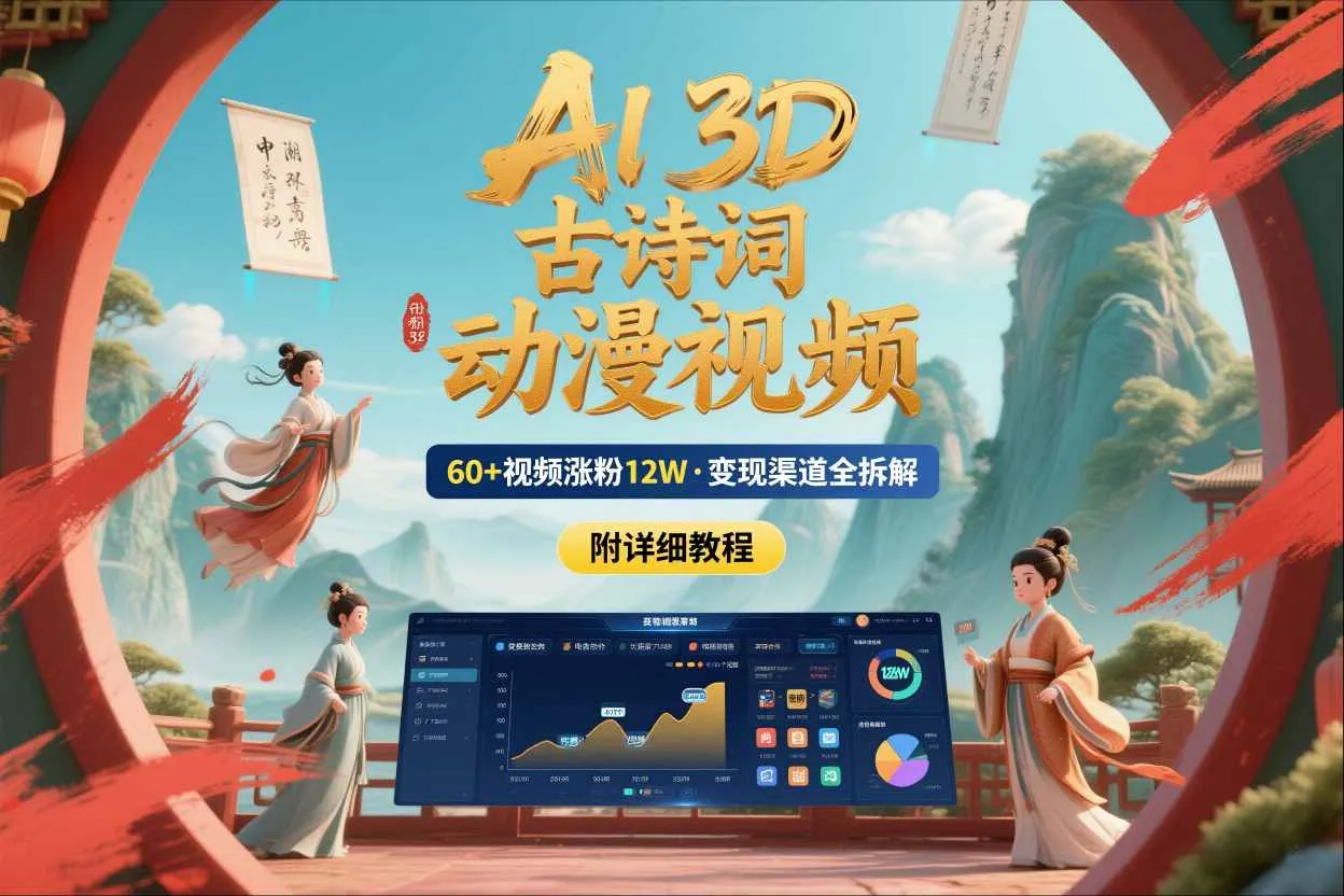 AI制作3D古诗词动漫视频,60多个视频涨粉12W,多个变现渠道拆解【附详细教程】-续财库
