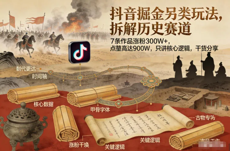 抖音掘金另类玩法,拆解历史赛道,7条作品涨粉300W+,点赞量高达900W,只讲核心逻辑,干货分享-续财库