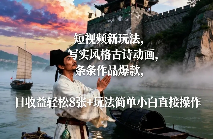 短视频新玩法，写实风格古诗动画，条条作品爆款，日收益轻松8张+玩法简单小白直接操作-续财库