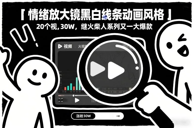 情绪放大镜黑白线条动画风格，20个视频，涨粉30W，继火柴人系列又一大爆款-续财库