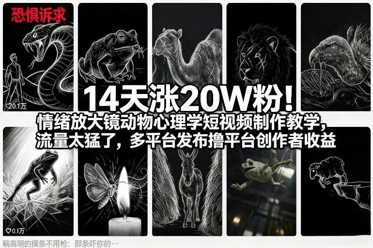 14天涨20W粉!情绪放大镜动物心理学短视频制作教学,流量太猛了,多平台发布撸平台创作者收益-续财库