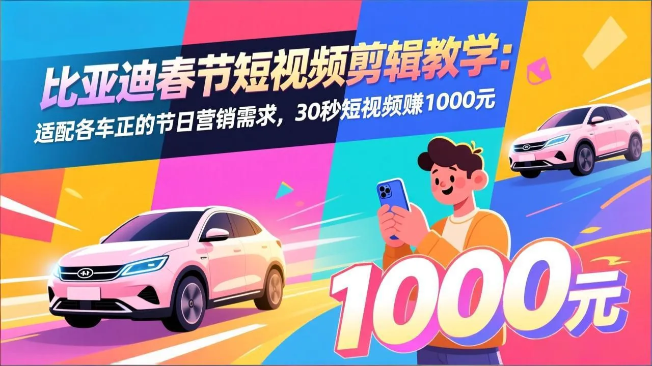 比亚迪春节短视频剪辑教学:适配各车企的节日营销需求,30秒短视频赚1000元-续财库
