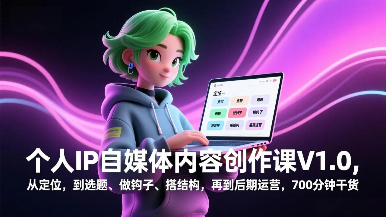 个人IP自媒体内容创作课V1.0,从定位,到选题、做钩子、搭结构,再到后期运营,700分钟干货-续财库